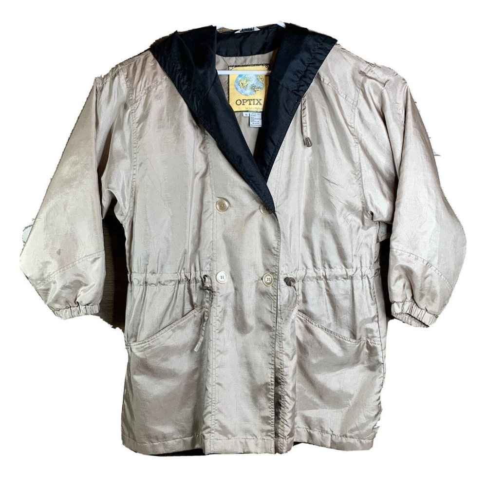 Optix by Julia Michaels Womans Windbreaker Coat Button-Up Pockets Hood Beige S